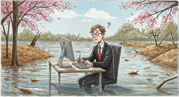 Office worker in lake with water to his knees