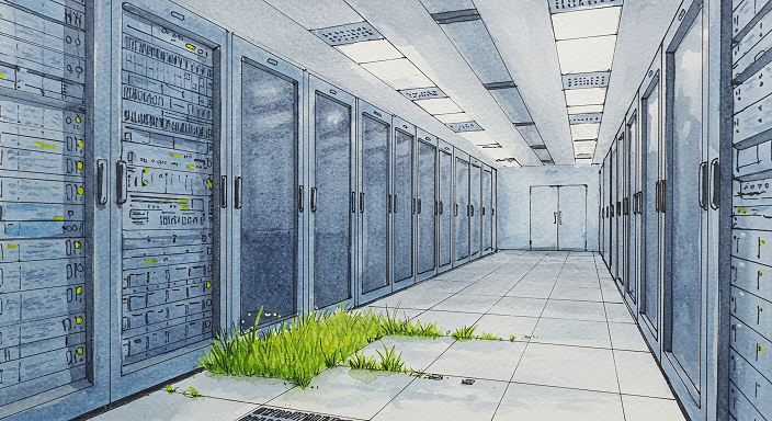 Servers in data center with grass growing on the ground